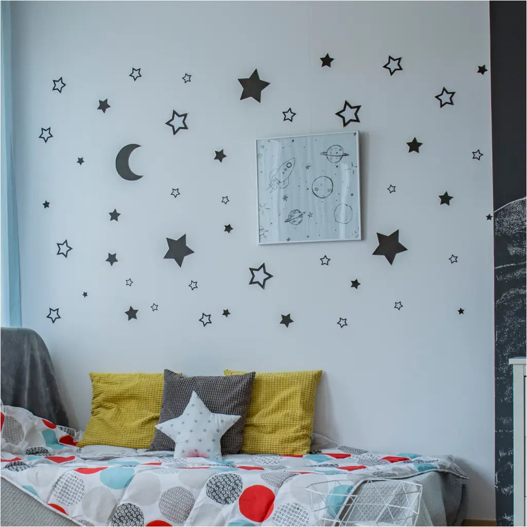 Multiple sets of Mix & Match Stars Wall Decals applied on a playroom wall, showcasing different size combinations for a dynamic look. 