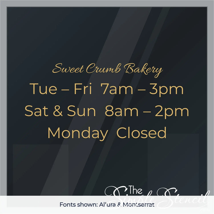Custom bakery hours window decal example in Allura script and Montserrat fonts, gold vinyl on glass