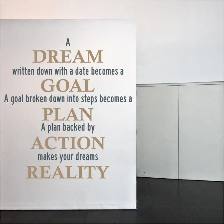 A dream written down with a date becomes a goal, a goal broken down into steps becomes a plan. A plan backed by action makes your dreams reality. A creative display for a high school or office building decor by The Simple Stencil