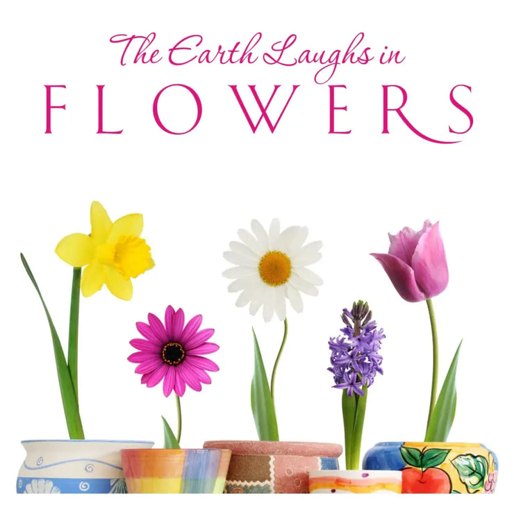 The earth laughs in flowers. A beautiful vinyl wall decal to display in your home near your own flower arrangement or view of the garden. Reads: The earth laughs in flowers.