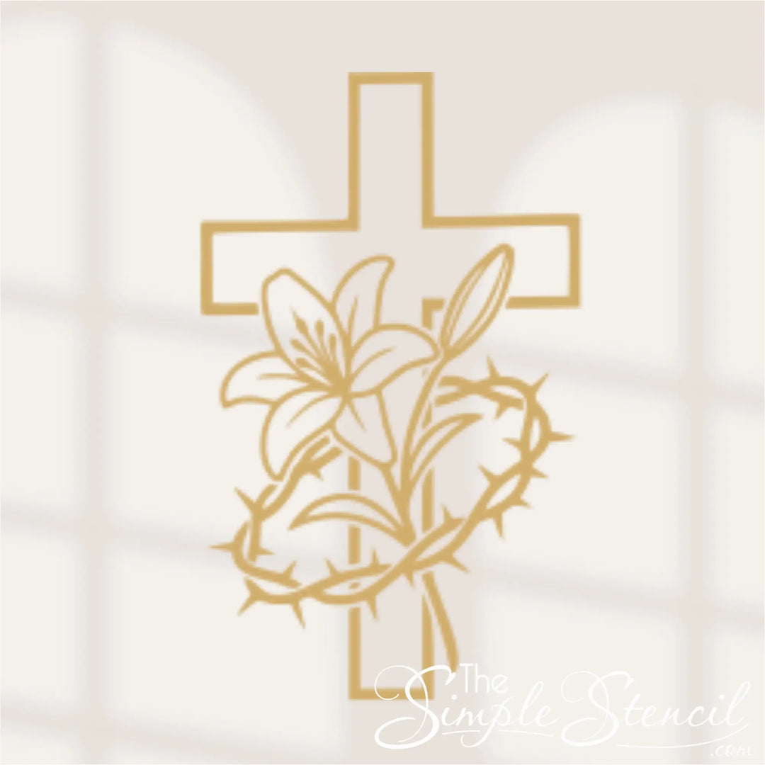 Metallic gold line-art decal of the Easter cross and lily, applied to a high-end textured white plaster wall with a subtle window light shadow.