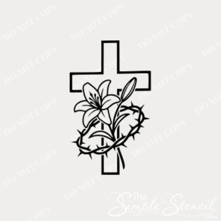 Detailed black silhouette mockup of the unified Cross, Easter Lily, and Crown of Thorns graphic, wall decal suitable for church sanctuaries or Christian home decor.