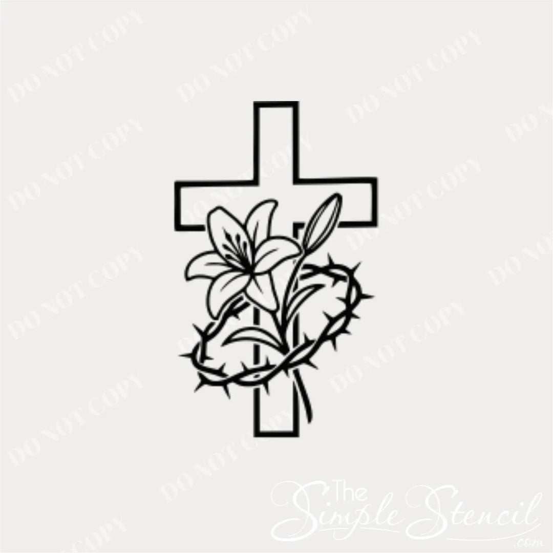 Detailed black silhouette mockup of the unified Cross, Easter Lily, and Crown of Thorns graphic, wall decal suitable for church sanctuaries or Christian home decor.