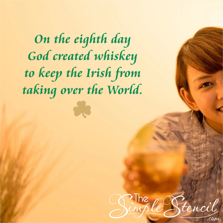 Playful St. Patrick's Day wall lettering shown in a social setting with a woman holding a drink, highlighting the fun and communal side of Irish heritage celebrations.