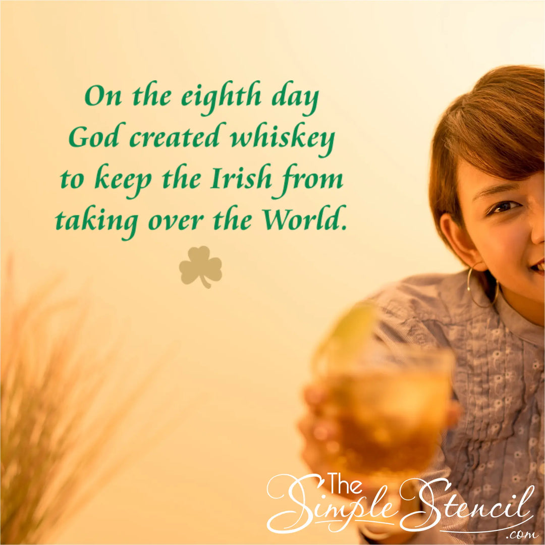 Playful St. Patrick's Day wall lettering shown in a social setting with a woman holding a drink, highlighting the fun and communal side of Irish heritage celebrations.