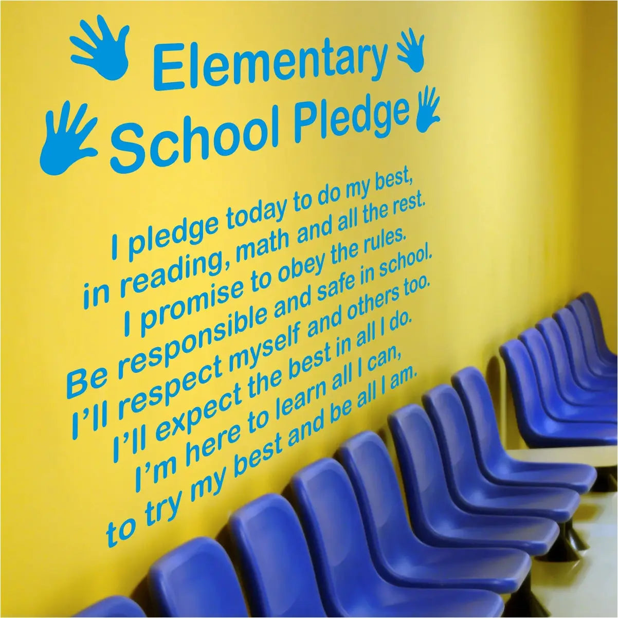 Elementary School Pledge - Large vinyl wall decal display for school walls that can be ordered in over 80 colors and sizes to match your school decor or mascot. Reads: I pledge today to do my best, in reading math and all the rest. I promise to obey the rules... etc. The Simple Stencil School Decor
