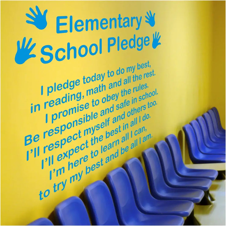 Elementary School Pledge - Large vinyl wall decal display for school walls that can be ordered in over 80 colors and sizes to match your school decor or mascot. Reads: I pledge today to do my best, in reading math and all the rest. I promise to obey the rules... etc. The Simple Stencil School Decor