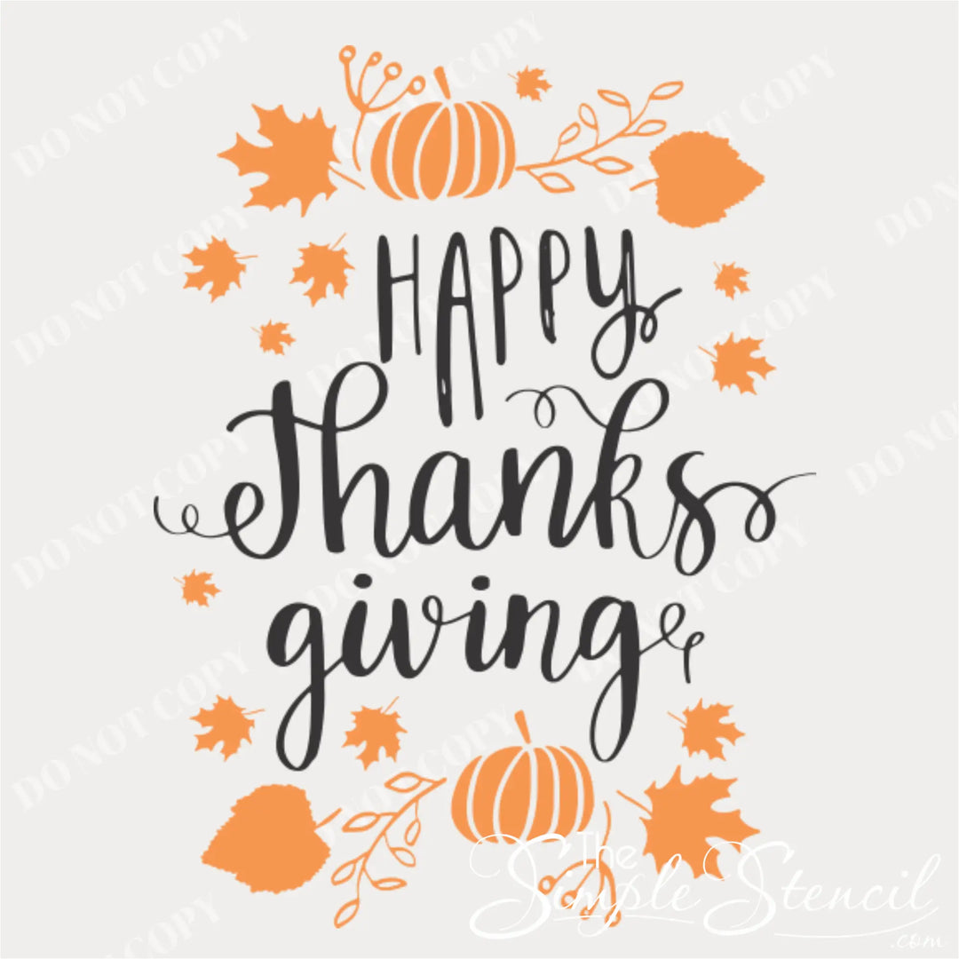 Close up of the Happy Thanksgiving embellished vinyl decal design, showing the two-color black and orange seasonal decoration with separate fall graphics for customizable installation.