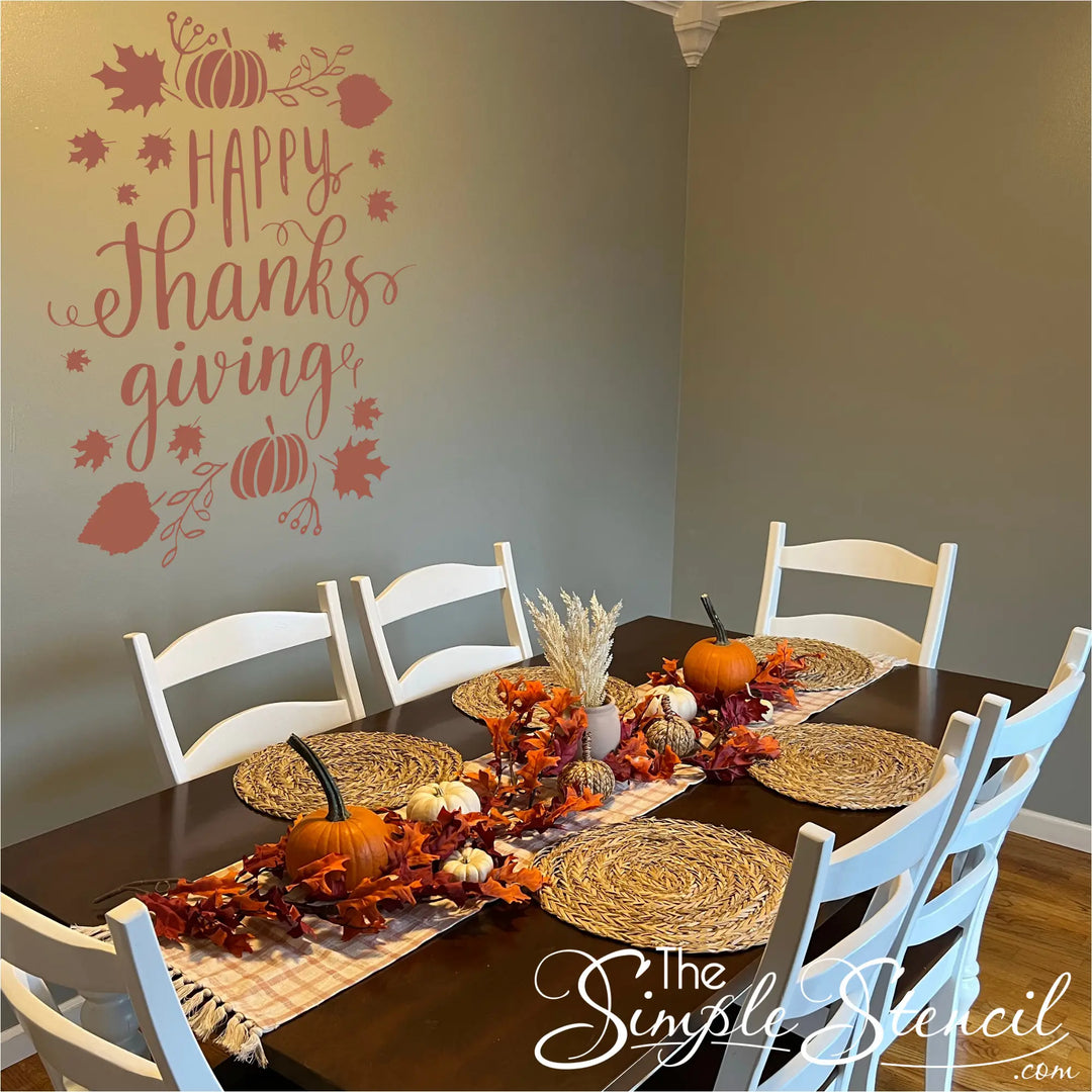 A dining room set for Thanksgiving dinner with a dark table and white chairs. Thanksgiving wall decal displayed beautifully over a dining room or gathering area.