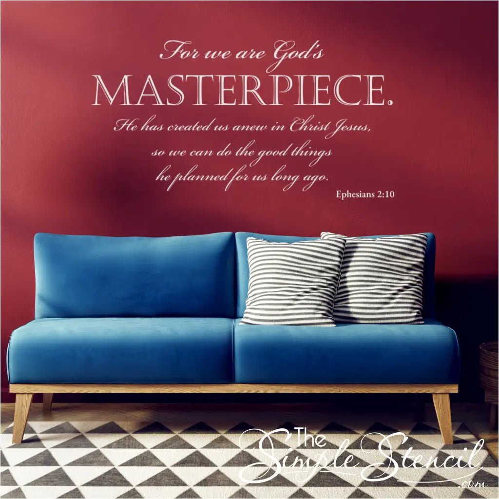"God's Masterpiece" vinyl lettering NLT on living room wall
