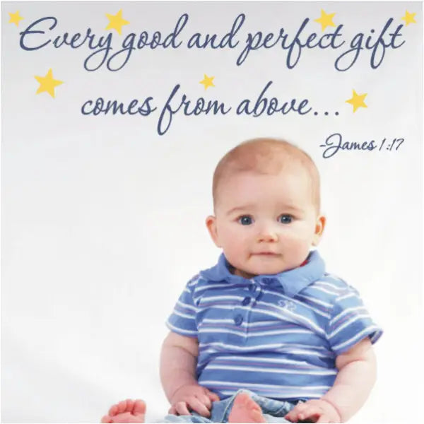 An adorable vinyl wall quote decal for baby nursery that is surrounded by stars and reads: Every good and perfect gift comes from above. James 1:17