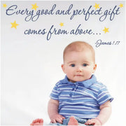 An adorable vinyl wall quote decal for baby nursery that is surrounded by stars and reads: Every good and perfect gift comes from above. James 1:17