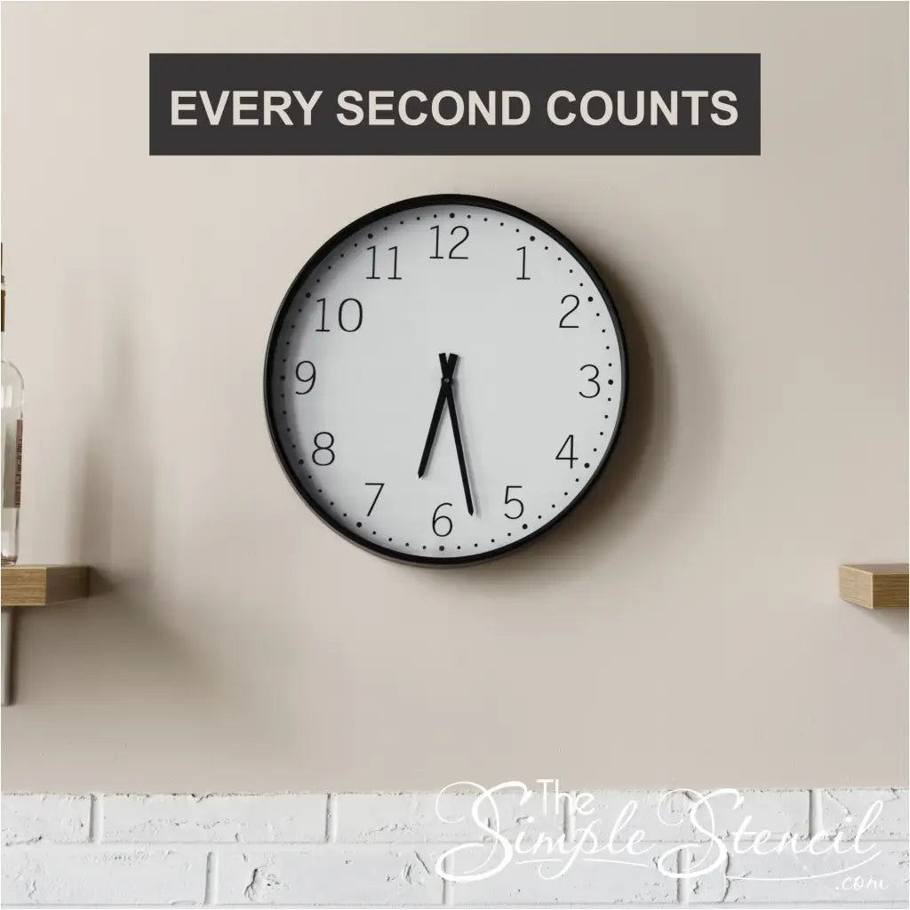 A wall decal perfect for fans of The Bear, featuring the famous kitchen clock quote "EVERY SECOND COUNTS"