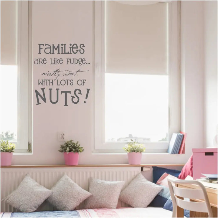 A funny wall quote about families reads: Families are like fudge, mostly sweet with lots of nuts!
