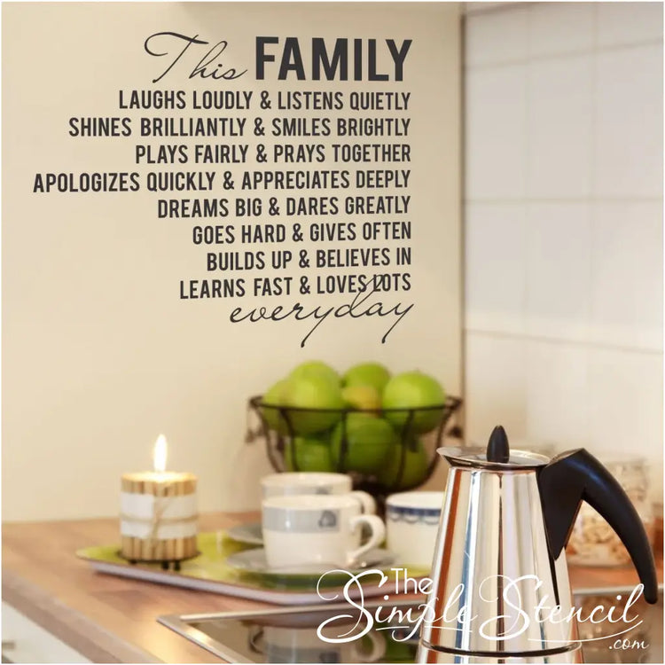 This family learns fast and loves lots everyday....etc. A family inspired wall decal displayed on a wall where family gathers often. Simple Stencils Wall Decals