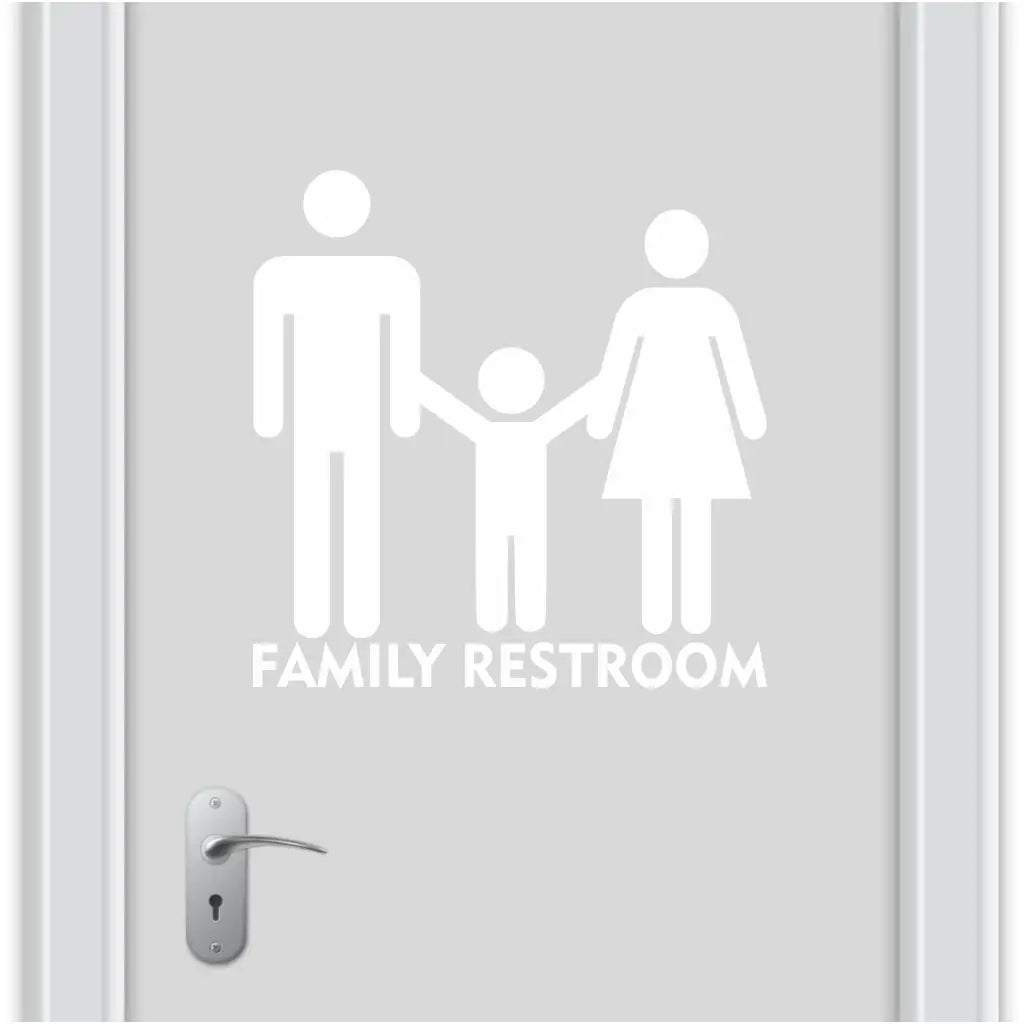 A self-adhesive vinyl door decal sign with the family restroom symbol and text. By The Simple Stencil