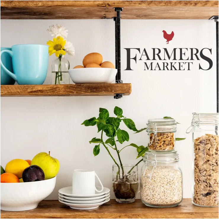 A cute red and black farmers market decal that includes chicken graphic displayed on a pantry wall.