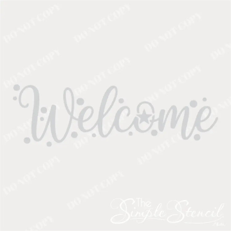 A clean, isolated graphic of the white "Welcome" decal in an elegant script font with a small star integrated into the letter 'o' and subtle scattered dot accents, presented on a light gray background. Ideal for product display.