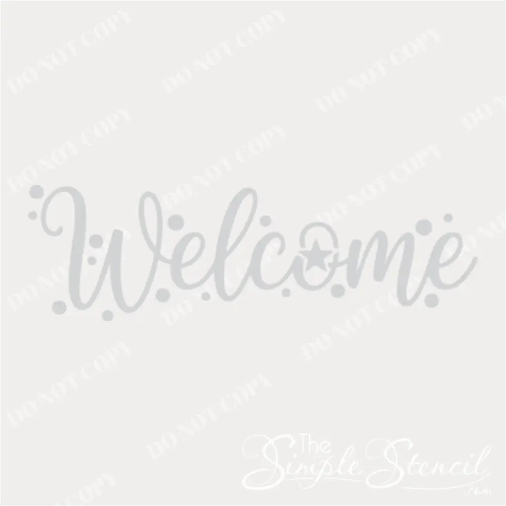 A clean, isolated graphic of the white "Welcome" decal in an elegant script font with a small star integrated into the letter 'o' and subtle scattered dot accents, presented on a light gray background. Ideal for product display.