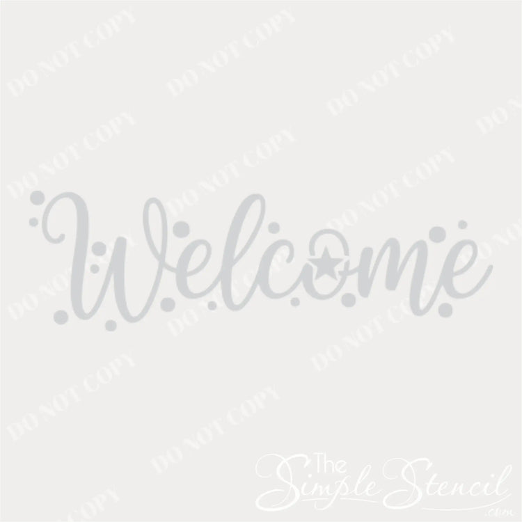 A clean, isolated graphic of the white "Welcome" decal in an elegant script font with a small star integrated into the letter 'o' and subtle scattered dot accents, presented on a light gray background. Ideal for product display.