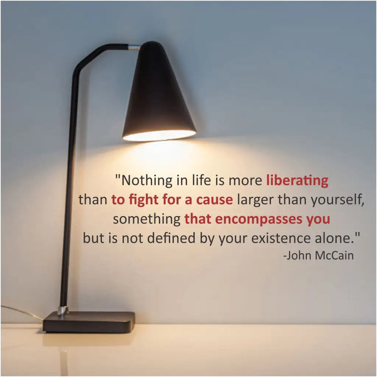 Nothing in life is more liberating than to fight for a cause larger than yourself, something that encompasses you but is not defined by your existence alone. John McCain | A vinyl wall graphic to inspire in the workplace or school environments