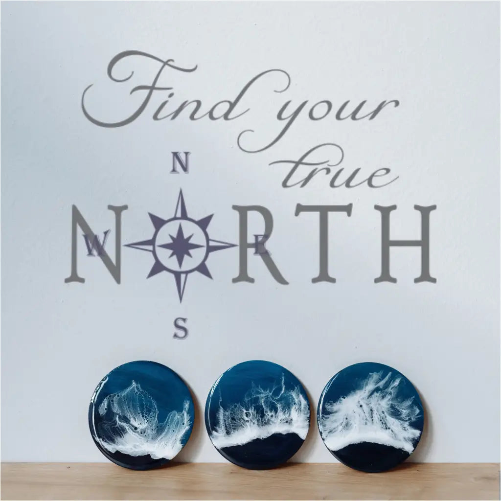 "Find your true north" inspirational quote wall decal, shown in a beach house setting.