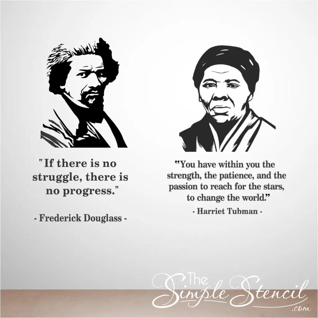 Wall decal with portraits of Frederick Douglass and Harriet Tubman, along with their quotes, on a white wall.