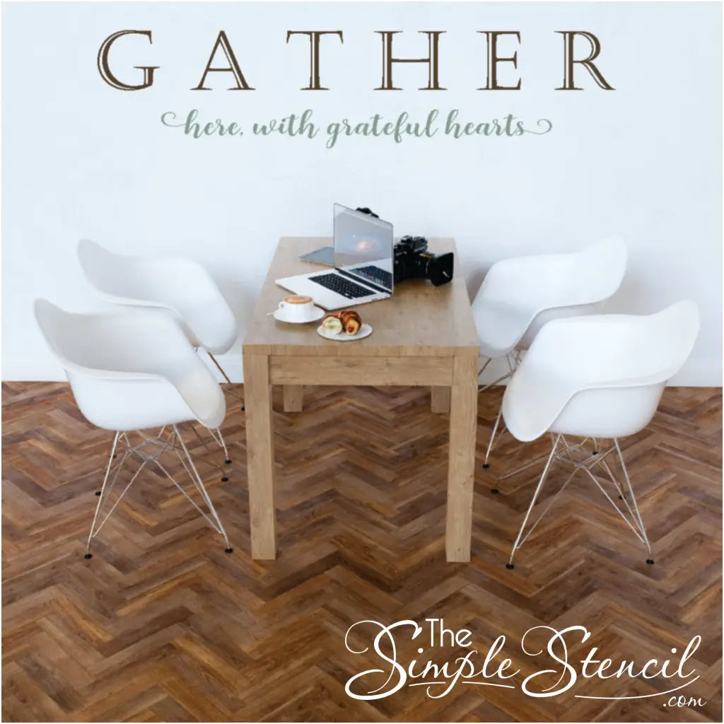Create a dining space that reflects your gratitude and love with our captivating "Gather here with grateful hearts" vinyl wall decal.