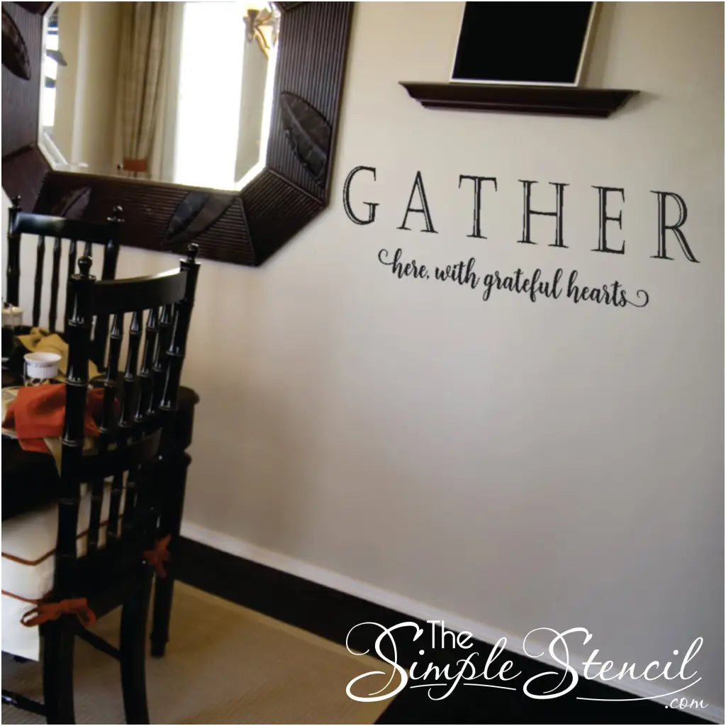 Elevate your dining room's ambiance with our durable and long-lasting "Gather here with grateful hearts" vinyl wall decal, crafted from high-quality vinyl.