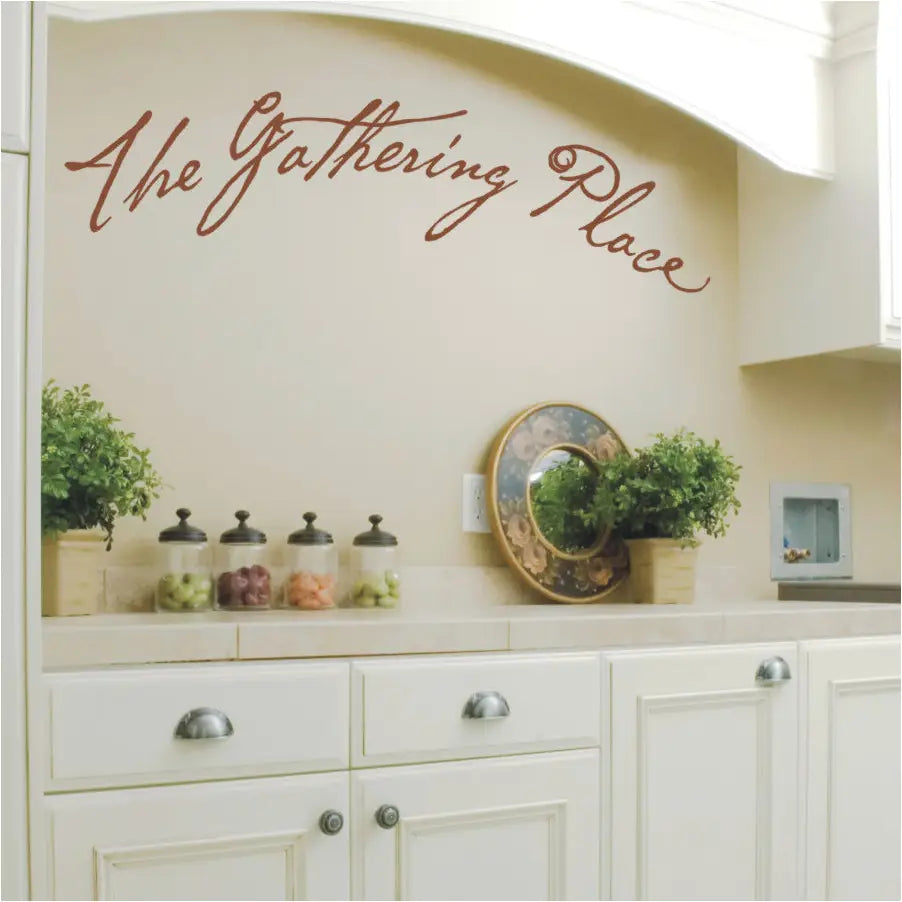 The Gathering Place - vinyl wall decal in a hand lettered script font is a great way to decorate the area in your home where friends and family gather to celebrate life and each other. 