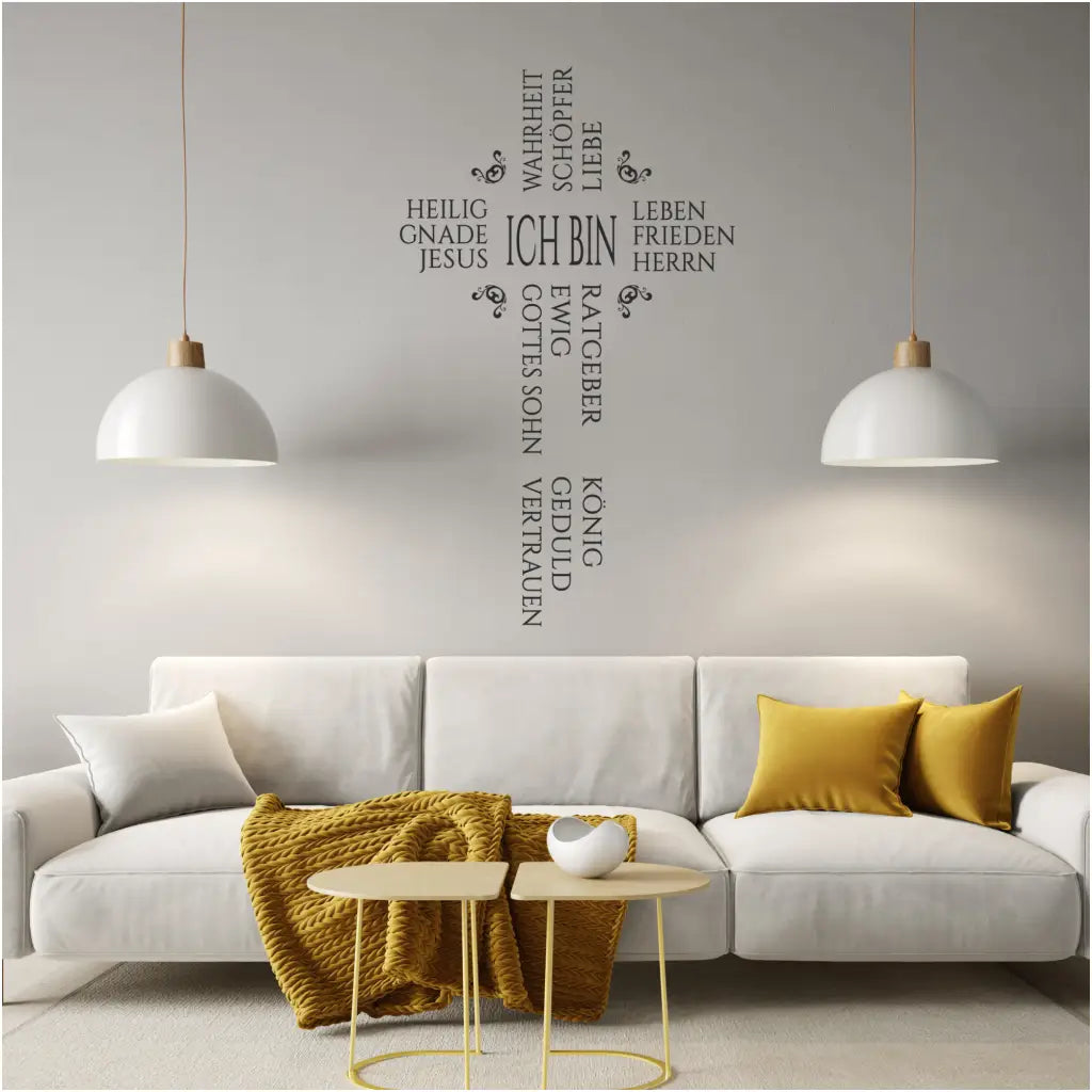 Beautiful Christian wall decal art of the I AM cross by The Simple Stencil translated into German 
