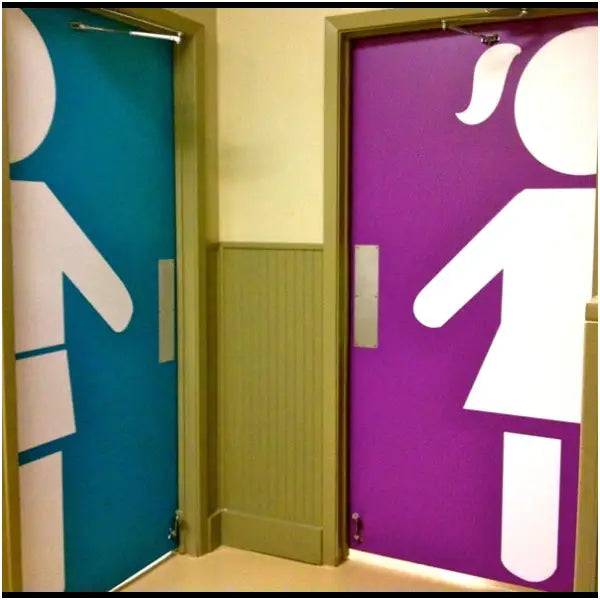 Boy and Girl Modern Restroom Door Decals help children find restrooms easily in preschools, elementary schools, or any environment where you need a no-read restroom sign. Easy to install decals appear painted on and come in a variety of colors and sizes as shown in picture. 