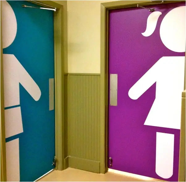 Boy and Girl Modern Restroom Door Decals help children find restrooms easily in preschools, elementary schools, or any environment where you need a no-read restroom sign. Easy to install decals appear painted on and come in a variety of colors and sizes as shown in picture. 