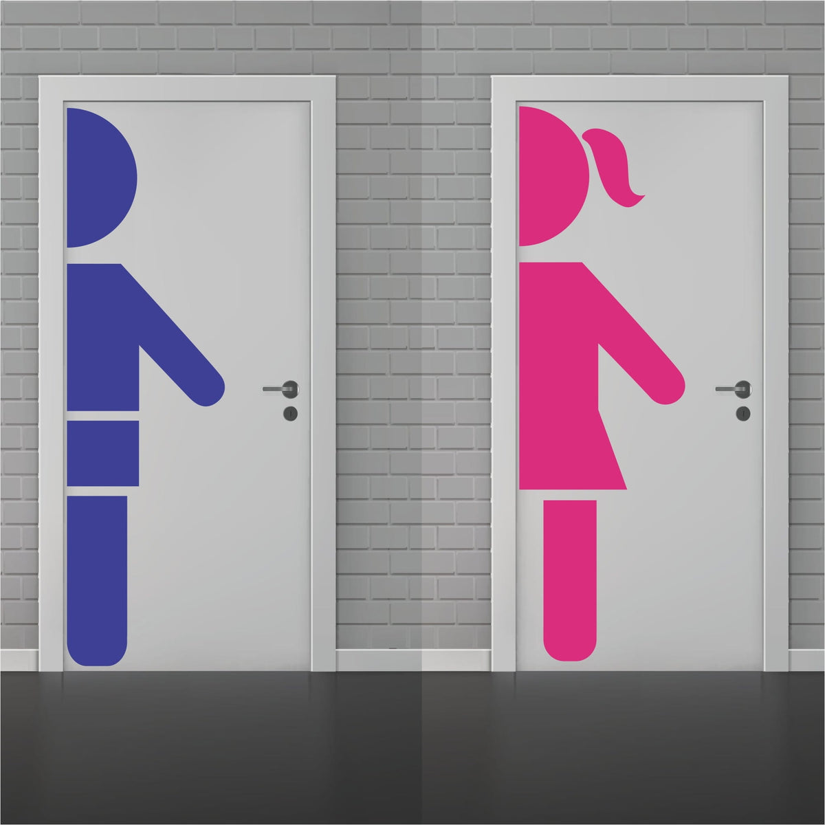 Large boy and girl restroom door decals: a blue boy silhouette and pink girl silhouette on two gray doors