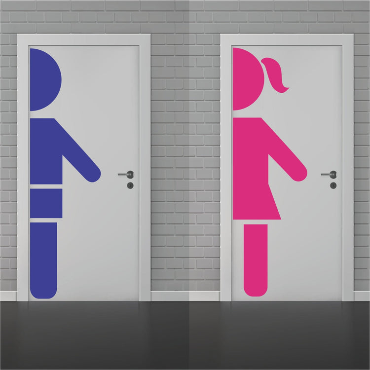 Large boy and girl restroom door decals: a blue boy silhouette and pink girl silhouette on two gray doors