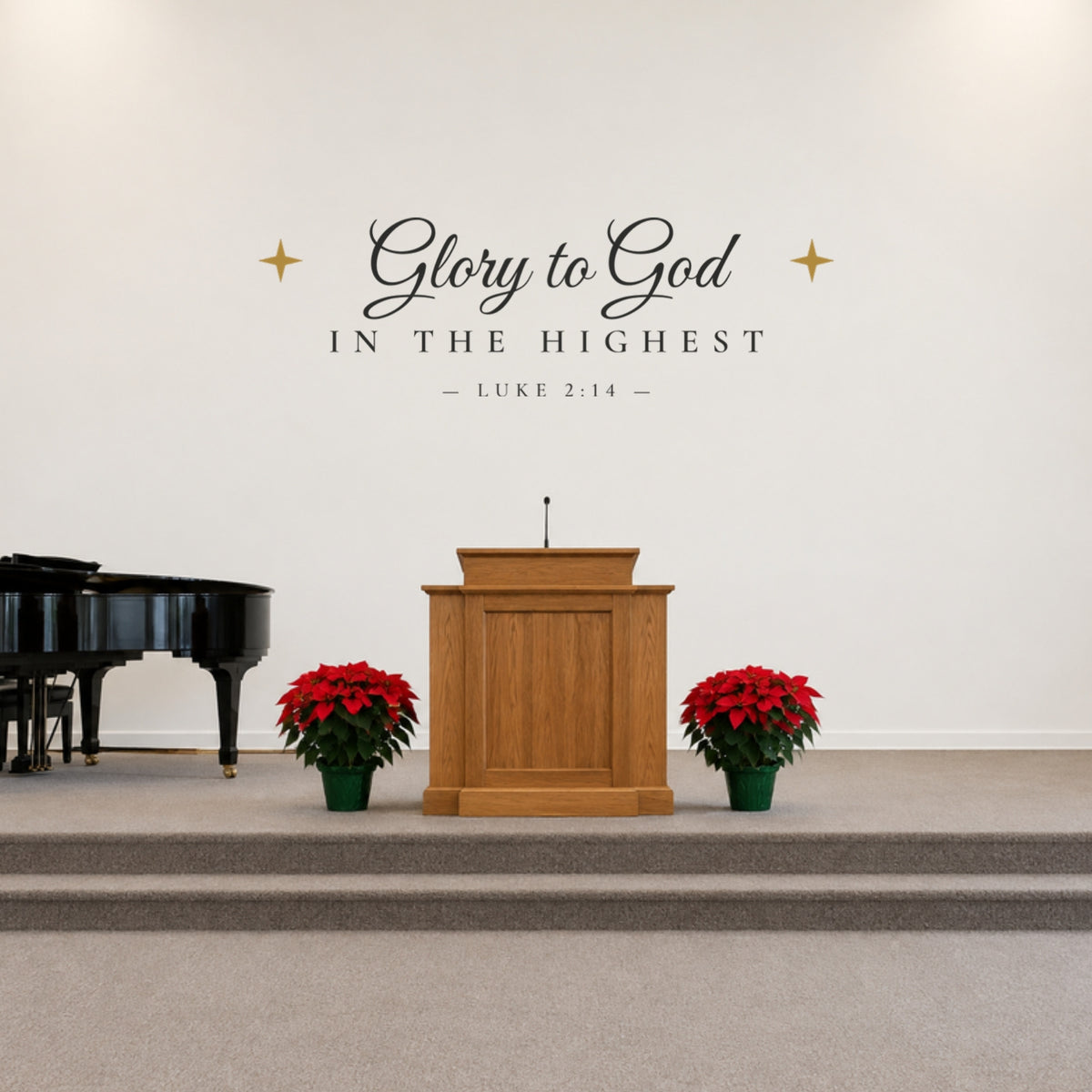 72 inch Glory to God in the Highest Luke 2:14 church Christmas wall lettering with two gold stars above a sanctuary platform