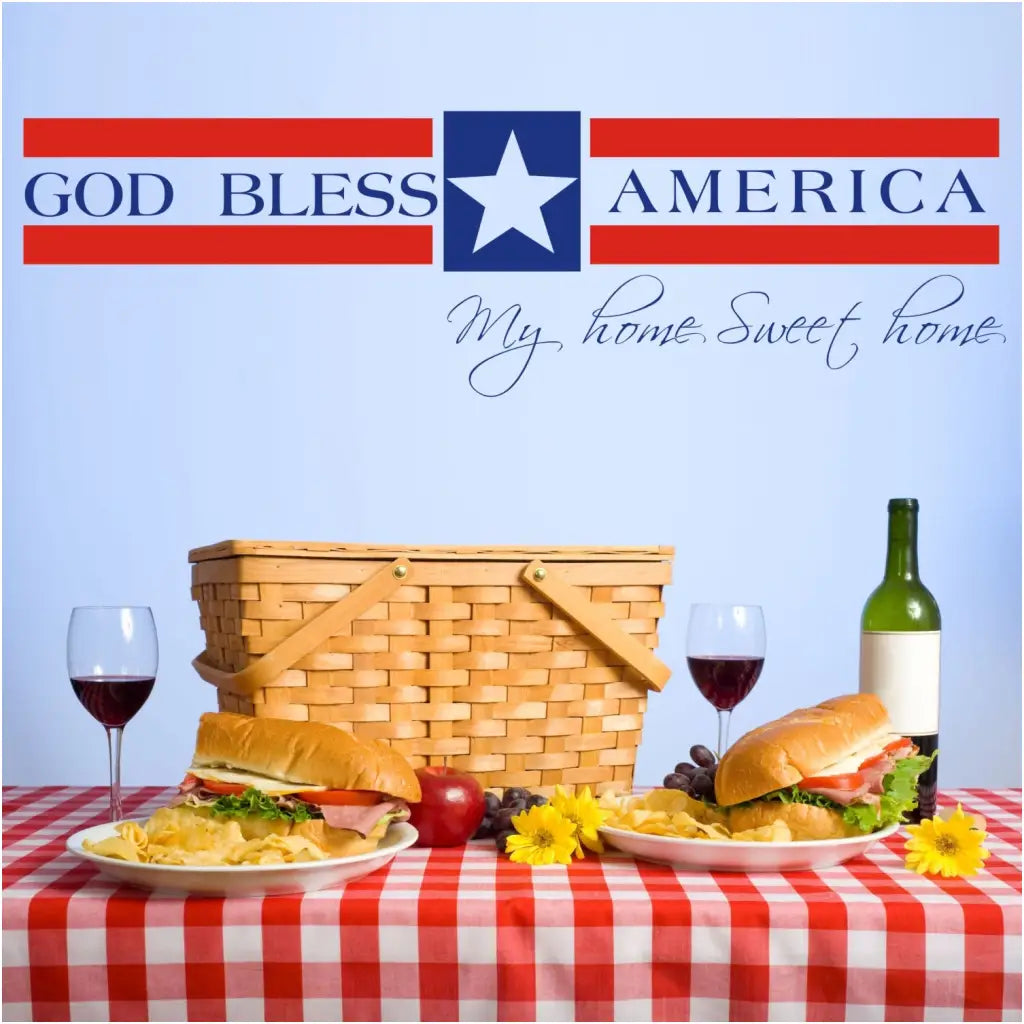 Large vinyl wall decal by The Simple Stencil that is perfect for any patriotic holiday. Reads: God Bless America, my home sweet home in a creative design.