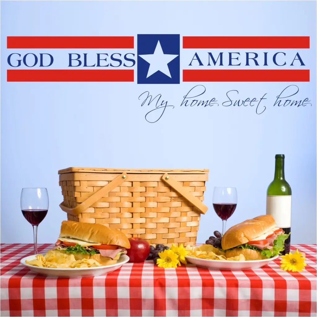 Large vinyl wall decal by The Simple Stencil that is perfect for any patriotic holiday. Reads: God Bless America, my home sweet home in a creative design.