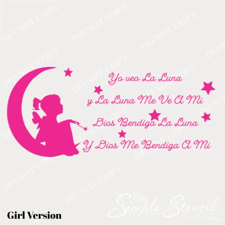 Yo veo La Luna y La Luna Me Ve A Mi - Spanish wall decal or girls room or baby girl nursery wall decor, includes moon and stars as shown.