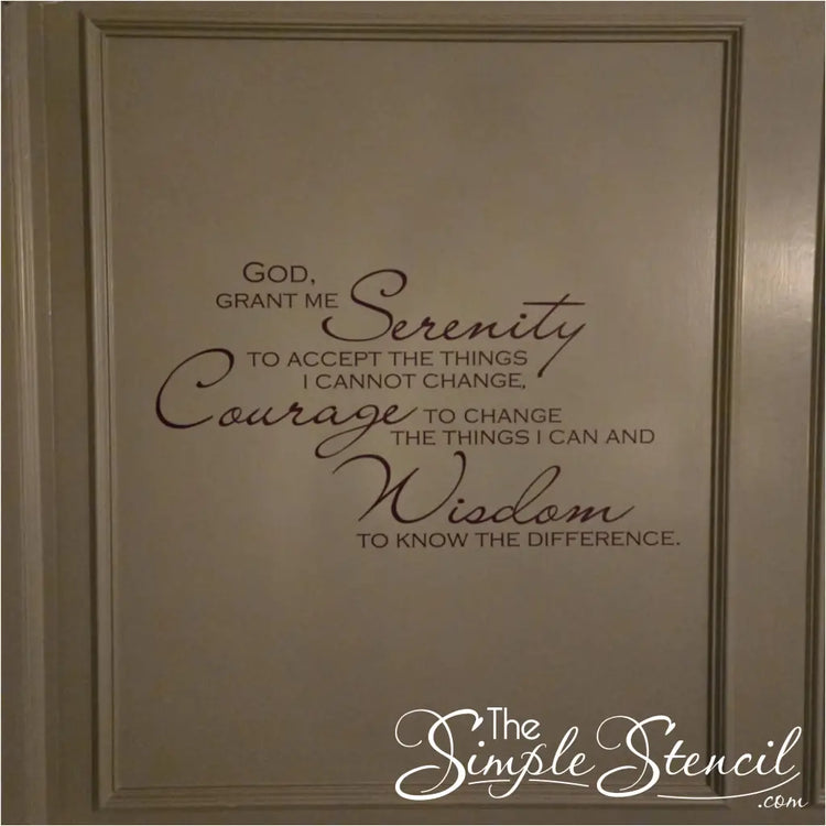 Customer supplied picture of the Serenity prayer wall decal applied to her lovely home wall space in a burgundy color. By The Simple Stencil