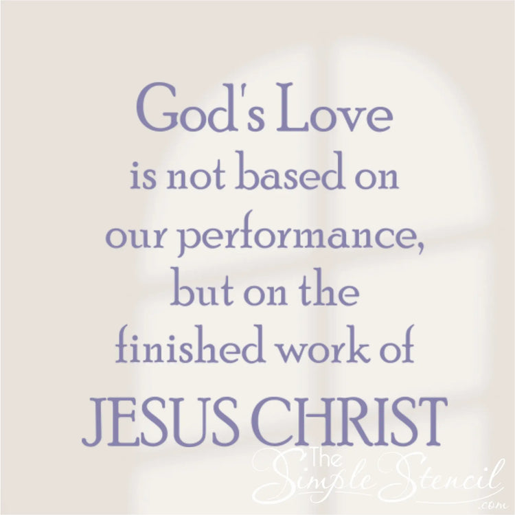 Light purple 'God's Love' wall decal displayed on a white church wall with soft window shadows, perfect for a modern sanctuary or Christian home entryway.