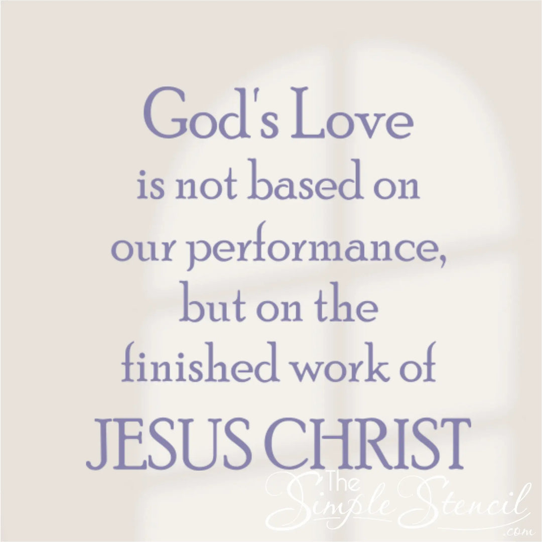 Light purple 'God's Love' wall decal displayed on a white church wall with soft window shadows, perfect for a modern sanctuary or Christian home entryway.