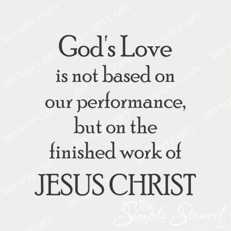 Detailed graphic mockup of the 'God's Love' decal in a clean grey font, emphasizing the Gospel message of the finished work of Jesus Christ for Easter decor.