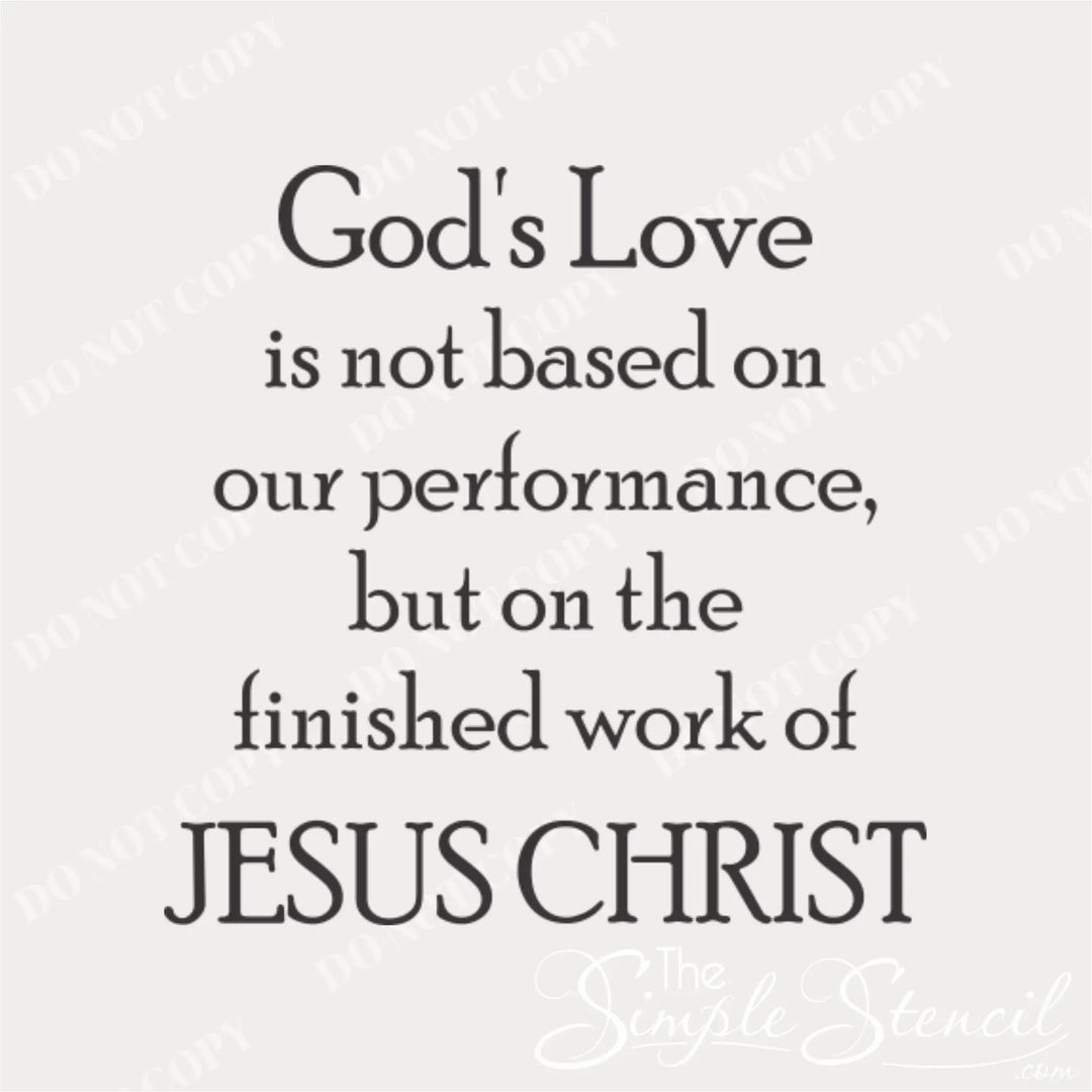 Detailed graphic mockup of the 'God's Love' decal in a clean grey font, emphasizing the Gospel message of the finished work of Jesus Christ for Easter decor.