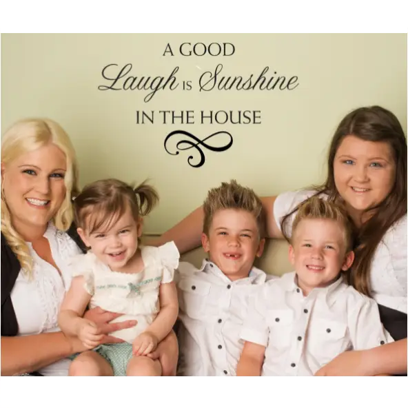 A good laugh is sunshine in the house vinyl wall decal for family room to celebrate a happy home. By The Simple Stencil