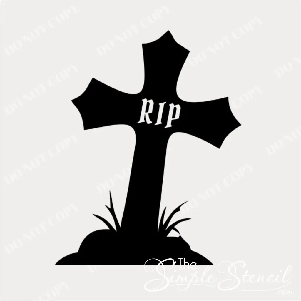 A simple, solid black and white decal design of a single gothic cross tombstone with the letters 'RIP' on it.