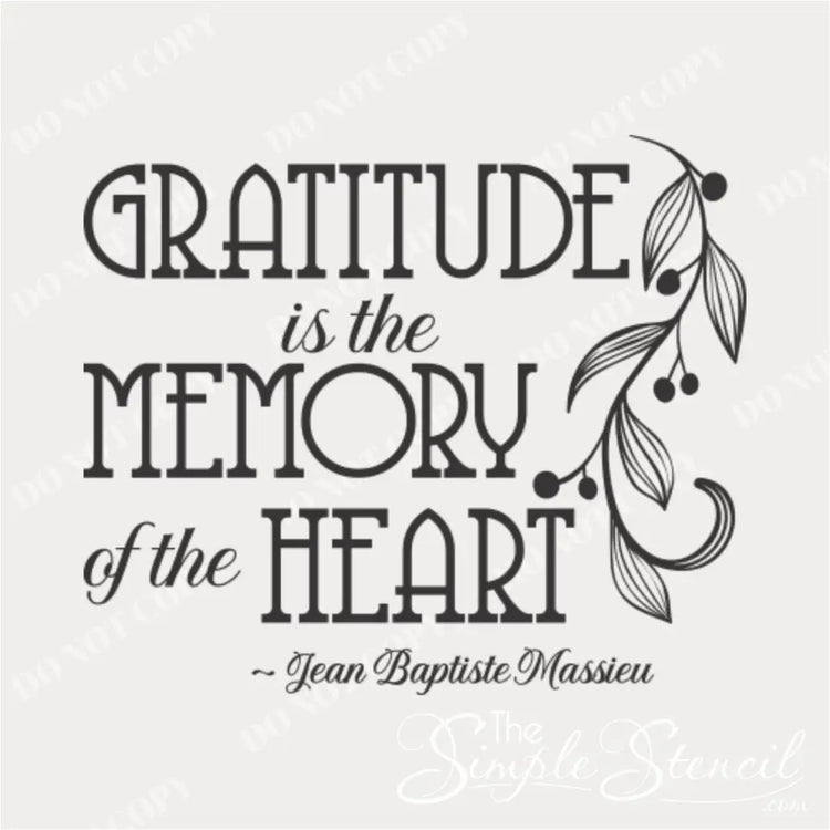 A product design of the French gratitude quote by Jean-Baptiste Massieu, showcasing its elegant typography and leafy branch flourish.