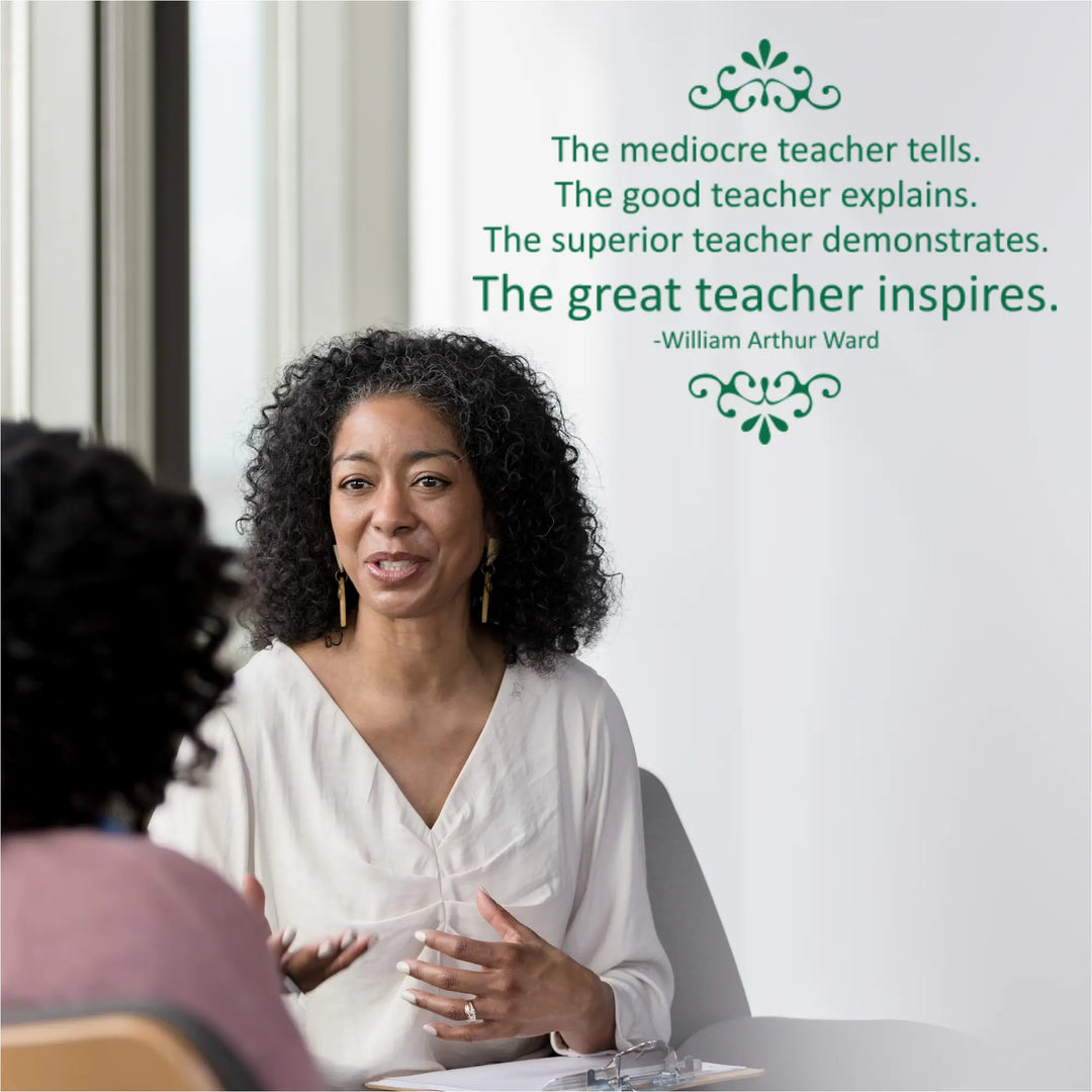 Professional wall decal featuring William Arthur Ward quote 'The mediocre teacher tells... The great teacher inspires' in forest green, applied to a white wall in a modern staff lounge.