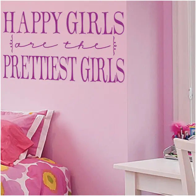 Happy Girls are the Prettiest Girls | Large vinyl wall decal displayed behind the bed in a little girl&