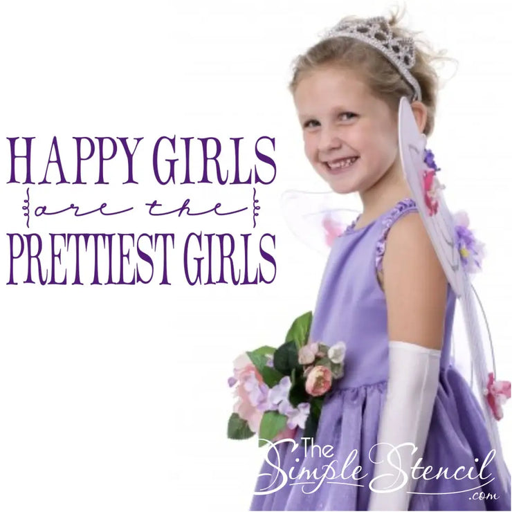 Happy girls are the prettiest girls | Vinyl wall quote decal by The Simple Stencil on a wall next to a happy smiling little girl all dressed up to be a princess!